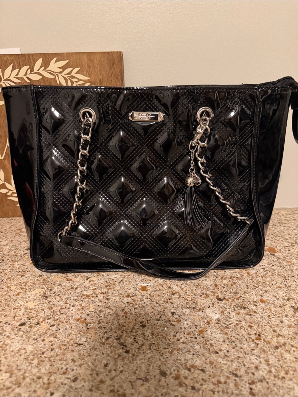 Jessica Simpson Black Quilted Patent Shoulder Tote with Chain Straps